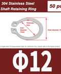 Image of a 50 Pcs 304 Stainless Steel External Circlips C Clip Snap Rings Set For Bearings And Electrical Appliances In 11 12 13 14 Mm Rust Resistant For Indoor And Outdoor Use, focusing on a single ring with dimensions.