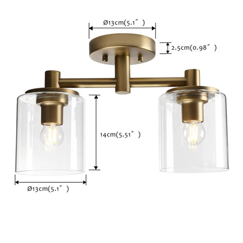 2 Light Industrial Pendant Ceiling Light With Glass Shade Semi Flush Mount Fixture, dimensions and gold antique finish visible.