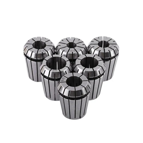 Rock Solid ER32 Spring Collet Set Featuring High Grade 65Mn Steel For Dead Precise CNC Engraving And Milling Lathe Work Holds Tools Slick With Protective Case Sizes 10 Through 20 mm Six Piece Bundle arranged in a circular pattern.