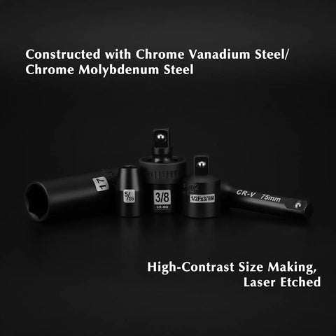 49-Piece Three-Eighths Inch Drive Impact Socket Set components with size markings, CR-V steel, heavy-duty auto and garage use