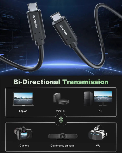 Hassle Free 25 Foot Usb C Fiber Optic Cable With 10Gbps Data And 60W Fast Charge Usb 3.2 Gen2 Tether Cord For 4K Cameras Webcams And VR Gear No Sweat Zero Lag Smooth Plug And Play Action showing bi-directional connectors for devices.