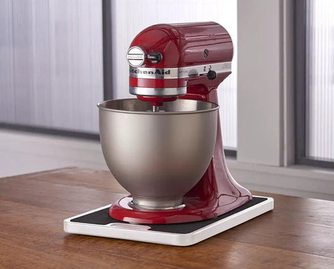 Heavy Duty Kitchen Appliance Rolling Tray In White Featuring Integrated Non Slip Gliding Mats A Solid Medium Counter Protector To Effortlessly Move Blenders Mixers Toasters And Coffee Gear No More Countertop Scrapes with a KitchenAid mixer.