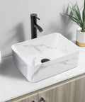 Rectangular Above Counter Vessel Sink 16 By 12 Inch Porcelain Ceramic Bathroom Sink With Faucet And Pop Up Drain Included White And Black Finish Stain Resistant Sleek Modern Vanity Upgrade For Your Bathroom