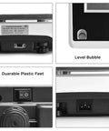 Image showcasing features of a 10Kg Digital Counting Scale with 0.1g Precision, including RS232 port, level bubble, and plastic feet.
