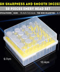 Front view: Oudtinx 50-piece diamond-coated grinding burrs set in clear plastic case with yellow insert.