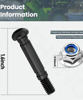 Heavy Duty Two Stage Snow Blower Shear Pin Set With Twenty Top Shelf Metal Replacement Pins For 24 And 28 Inch Self Propelled Winter Gear close-up view of a black shear pin and nut dimensions.