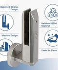 Top Shelf Adjustable Side Mount Glass Railing Clamps Forged From Rust Resistant 304 Stainless Steel For Tempered Glass Deck Rails Easy Does It Diy Mounting All Weather Ready Silver 18 Pack, close-up view of modern stainless steel design.