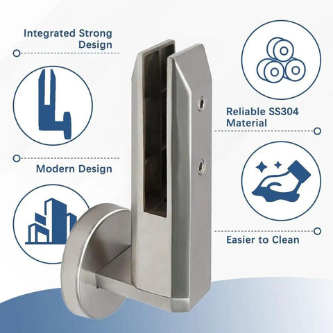 Top Shelf Adjustable Side Mount Glass Railing Clamps Forged From Rust Resistant 304 Stainless Steel For Tempered Glass Deck Rails Easy Does It Diy Mounting All Weather Ready Silver 18 Pack, close-up view of modern stainless steel design.