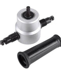 Heavy Duty Drill Metal Cutter Attachment With Double Head Nibbler For Sheet Metal Work, shown with steel cutter heads and black handle
