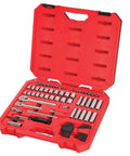 83 Piece Mechanics Tool Set With One Quarter Inch Drive, SAE and Metric Sockets, shown in red blow molded case
