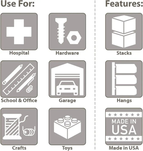 Infographic showing uses and features of space saving stackable storage bins 12 pack for garage pantry and craft storage solutions.