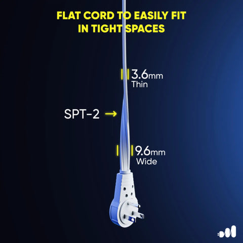 360 Degree Rotating Flat Plug Extension Cord With Three Outlets, 16 AWG 1 Foot, Grounded, UL Certified, side view