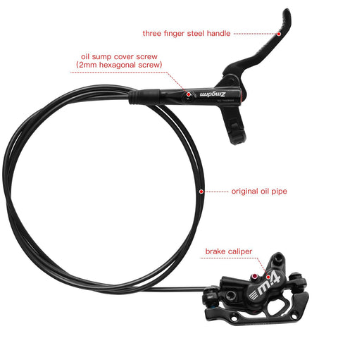 Front view of ZTZ 4-piston MTB hydraulic brake set with left-front 850mm hose and right-rear 1600mm hose, PM/IS adapter, black.