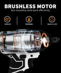 Close-up of the brushless motor in the 21V Cordless Impact Wrench, showcasing 420Nm torque and built-in LED for effective use.