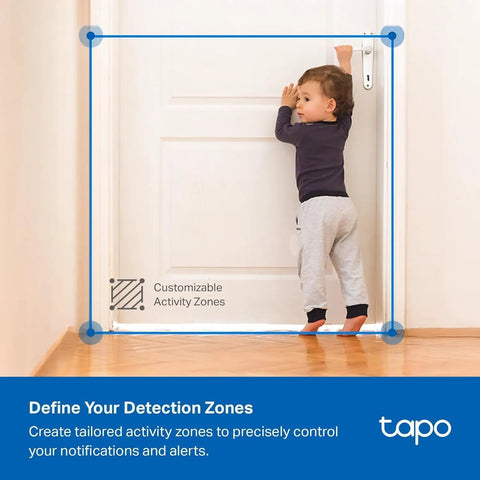 Child standing at door with blue detection zone from 2K Indoor Outdoor Wired Security Camera Kit For Dope Home Surveillance With Baby Monitor And Pet Cam Person And Motion Detection Baby Cry Alerts 2 Way Audio Siren Local SD Storage Or Optional Cloud 2 Pack
