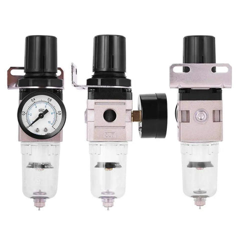 Pro Grade Air Filter Regulator AW2000-02 Aluminum Alloy With Rotary Manual Actuator front and side views, die-cast body
