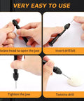 Close-up of Pipe Vise Micro Mini Hand Drill Set showing usage instructions for precise tiny drilling with HSS and PCB bits.