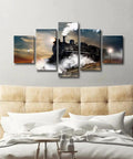 Old School Train Wall Art Set With Nighttime Steam Locomotive Canvas And Wooden Frame Retro Home Decor Five Panel 60x32