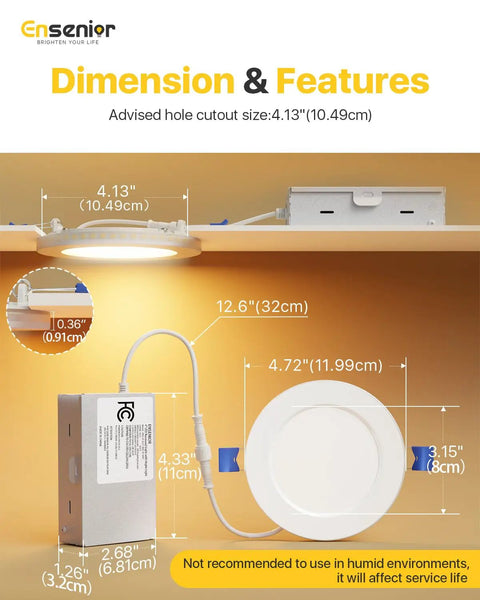 Sweet Setup 12 Pack 4 Inch LED Recessed Ceiling Lights With Built In Amber Glow And Zero Sweat Dimmable 5Cct Control dimensions and features