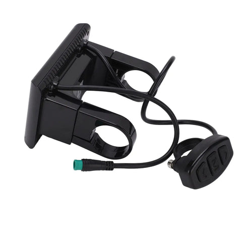 Side view of Beefy S900 LCD Display For Electric Bikes Waterproof Bike Meter with cable and handlebar mount attachment.