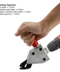 Hand holding Metal Nibbler Drill Attachment for Sheet Metal Cutting, showing cutting capacity for iron and steel plates.