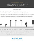 Diagram showing steps to select transformer for landscape lighting and calculation of total VA value for 8 Inch Outdoor LED Path Light.