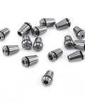 Heavy Duty ER20 Spring Collet Set Includes 15 Precision Metric Steel Collets From 1 To 13mm For CNC Milling And Lathe Workholding, steel collets arranged on a white background.