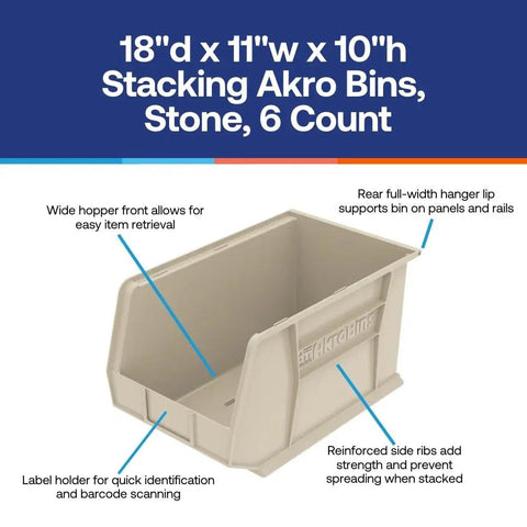 Top Shelf Stackable Storage Bins Featuring Slick Hopper Designs And No Fuss Label Tabs, Heavy Duty Polymer Organizers In Stone Gray, Six Pack For Garage with wide hopper front.