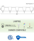 Dimensions and specifications of Armada 36 Inch Five Light Modern Vanity Light With Brushed Nickel Finish And Frosted Glass Shades