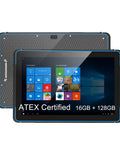 Top Tier ATEX Certified Explosion Proof Rugged Tablet 10 1 Inches showing Windows 11 interface, 16GB RAM and IP68 rating.