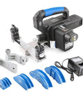 Heavy Duty Cordless Electric Copper Pipe Bender Kit Adjustable Tubing Tool with multiple bending guides and battery charger.