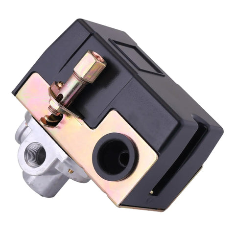 Heavy Duty Air Compressor Pressure Switch With Four Ports And 135 To 175 Psi Range Featuring Integrated Unloader Valve, close-up view.