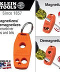 Orange magnetizer tool for Eight Piece Precision Screwdriver Set With Magnetizer Made In USA, featuring magnetic and demagnetize options.