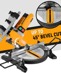 Eight and a Quarter Inch Two In One Compound Miter Saw and Table Saw for Wood and Metal, showing up to 45° bevel cut feature