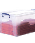 Stackable Clear Storage Boxes With Lids Heavy Duty Plastic Bins To Kick Clutter To The Curb For Home Office Dorm Setup Bpa Free Large Crate Containers That Are A Total Game Changer At 28 Quart 12 Pack with red linens inside.