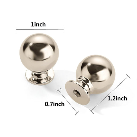 Top Shelf 1 Inch Vintage Ball Cabinet Knobs Polished Nickel Drawer Pulls Heavy Duty Zinc Alloy Kitchen Hardware Built Tough Solid Retro Handles For Quick Easy Home Refreshes, showing dimensions 1 inch and 0.7 inch.