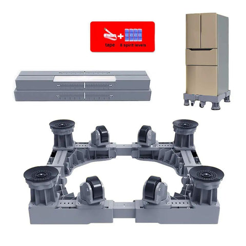 Universal Adjustable Appliance Mobile Base With 4 Double Wheel Casters, gray frame with rollers for refrigerators and washers.