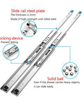 Rock Solid Heavy Duty Ball Bearing Drawer Slides With Full Extension Lock And Hella Smooth Glide Action On Rugged Rust Proof Steel Tracks handling up to 250 pounds shown with locking device and solid balls.