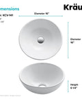 Dimensions of Elavo Round Vessel White Porcelain Ceramic Bathroom Sink 16 Inch for Modern Bathrooms, top and side view