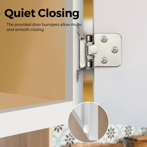 Real Solid Brushed Nickel Cabinet Hinges 30 Pack 15 Pair showing quiet closing feature and door bumper in use.