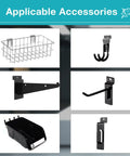 Applicable Accessories for Built Like A Tank 4x8 Ft Slatwall Panel Garage Wall Organizer including hooks and baskets.