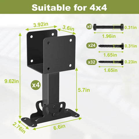 Built Tough Four Pack 4X4 Adjustable Roof Riser Brackets Heavy Duty Pergola Beam Mounts with measurements and components visible.