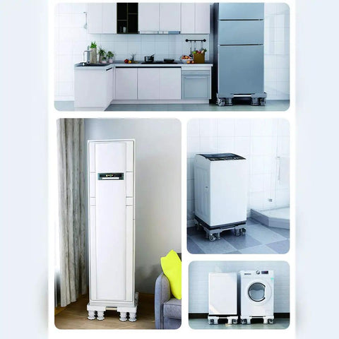 Heavy Duty Rock Solid Adjustable Washing Machine Stand With Slick Rolling Casters Anti Slip Glides and Secure Lock Design for Dryer Freezer Appliances Telescopic Frame in kitchen setting.