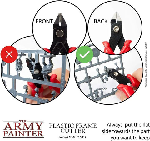 Plastic Frame Cutter For Miniatures Stainless Steel Flush Cutter With Safety Grip showing correct and incorrect usage.
