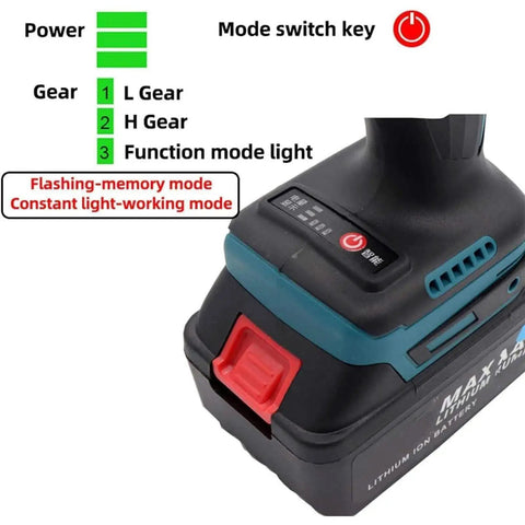 Kick Ass Electric Rivet Nut Tool Featuring Automatic One Shot Operation And Built In Led Light With Six Precise Metric Die Sets showing mode switch and power indicators.