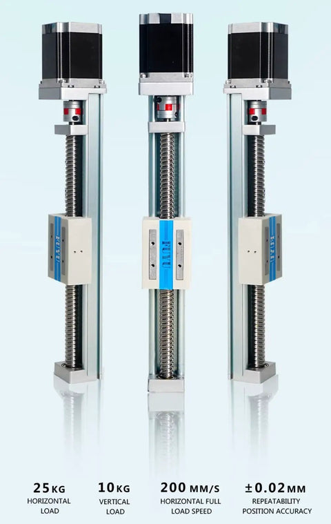Motorized CNC Linear Guide Module with Ball Screw 400mm Stroke Nema 23 Stepper Driven shown in three angles