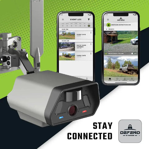 Defend 4G Cellular Security Camera with live view app displayed on smartphones for remote outdoor property monitoring