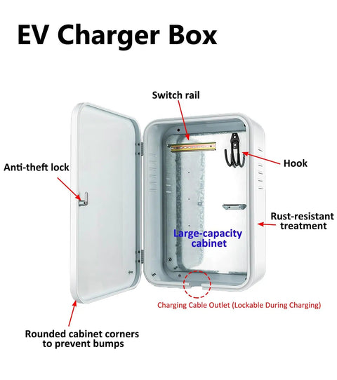Heavy Duty Galvanized Steel Outdoor EV Charger Enclosure Box showing anti-theft lock and large capacity cabinet for cable storage.