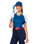 Cool Royal Blue Vise Gauge Square Men Visor Hat For Machinists And CNC Pros Featuring breathable mesh worn by woman holding bat.