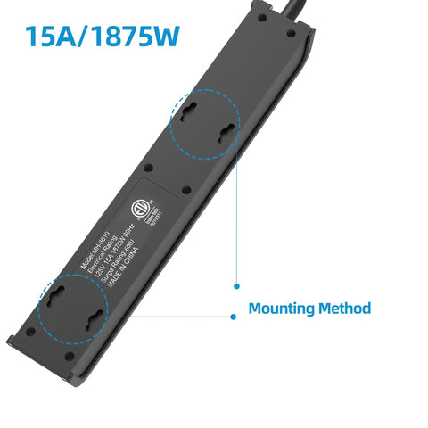 Rock Solid Six Outlet Surge Protector Power Strip With Six Foot Extension Cord And Six Hundred Joule Defense showing mounting method and specifications.